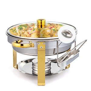 ROVSUN 5QT 2/4 Packs Chafing Dish Buffet Set Gold Accent, NSF Round Stainless Steel Buffet Warmer Chafers and Buffet Warmers Sets with Glass Lid & Lid Holder for Catering Events Parties Weddings Dinners