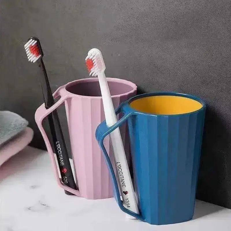 Ceramic Portable Toothbrushing Mug with Handle - Adult Bathroom Tumbler Set with Plastic Toothbrush Holder for Travel & Household Use