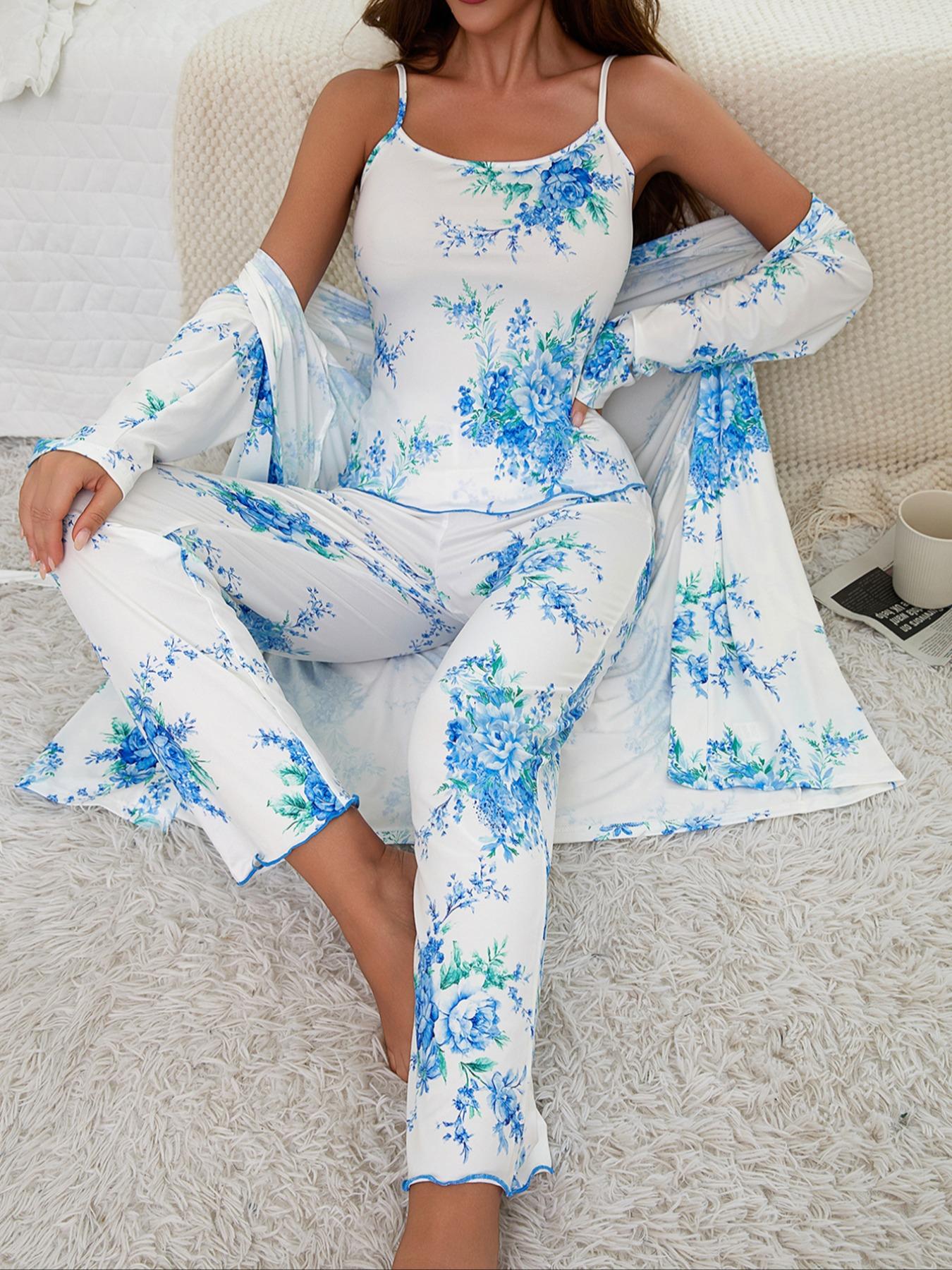Floral Print Women's Robe Set + Strap Pants Three-Piece Comfortable Sleepwear Suit, Pajamas, Casual Home Wear for All Seasons