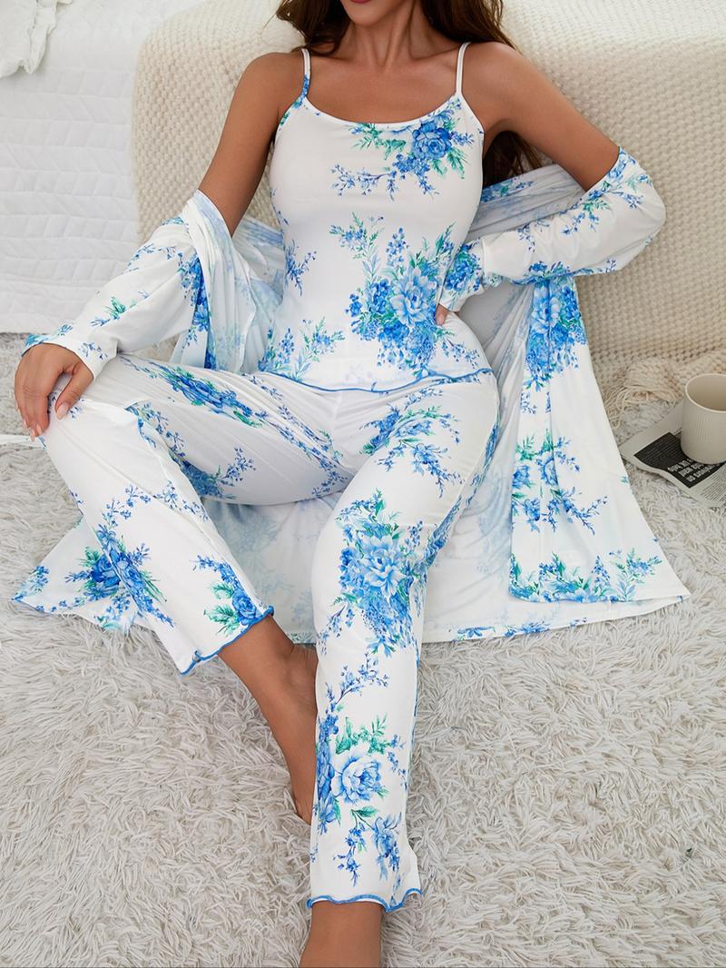 Floral Print Women's Robe Set + Strap Pants Three-Piece Comfortable Sleepwear Suit, Casual Home Wear for All Seasons