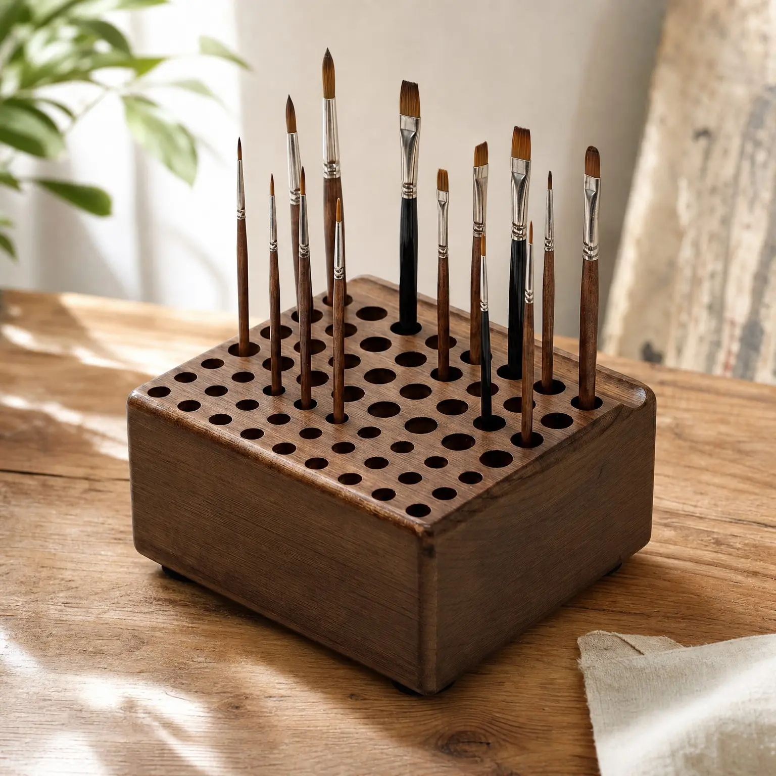 Wooden Brush Holder, 59-Hole Desk Organizer with Rest Groove | Tabletop Stand for Paint Brushes, Pencils, Pens & Art Supplies, Built-In Drying Rest, Studio Desktop RackGift