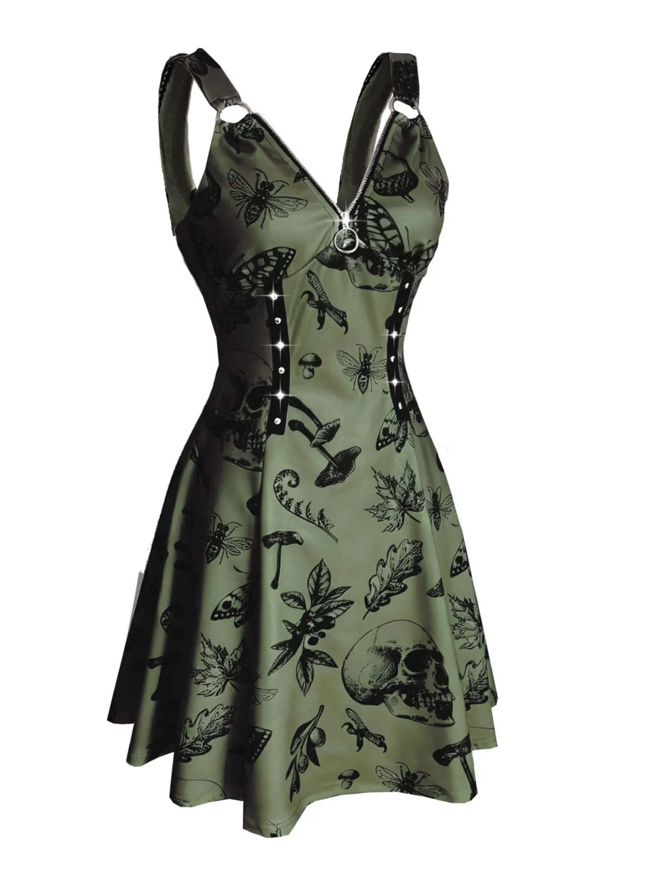 Gothic Insect and Plant Print Dress, Streetwear Casual V-Neck, Adjustable Zipper Neck, High Waist Slim Fit, Fall Winter Women's Dress