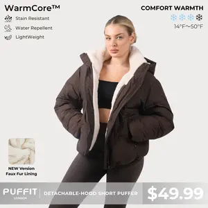 【Last Sale】PUFFIT WarmCore Premium Short Puffer Jackets with Removable Hood & Optional Faux Fur Linging, Lady Casual Outerwear Longsleeves Zip Pockets Warm Quilted Coat