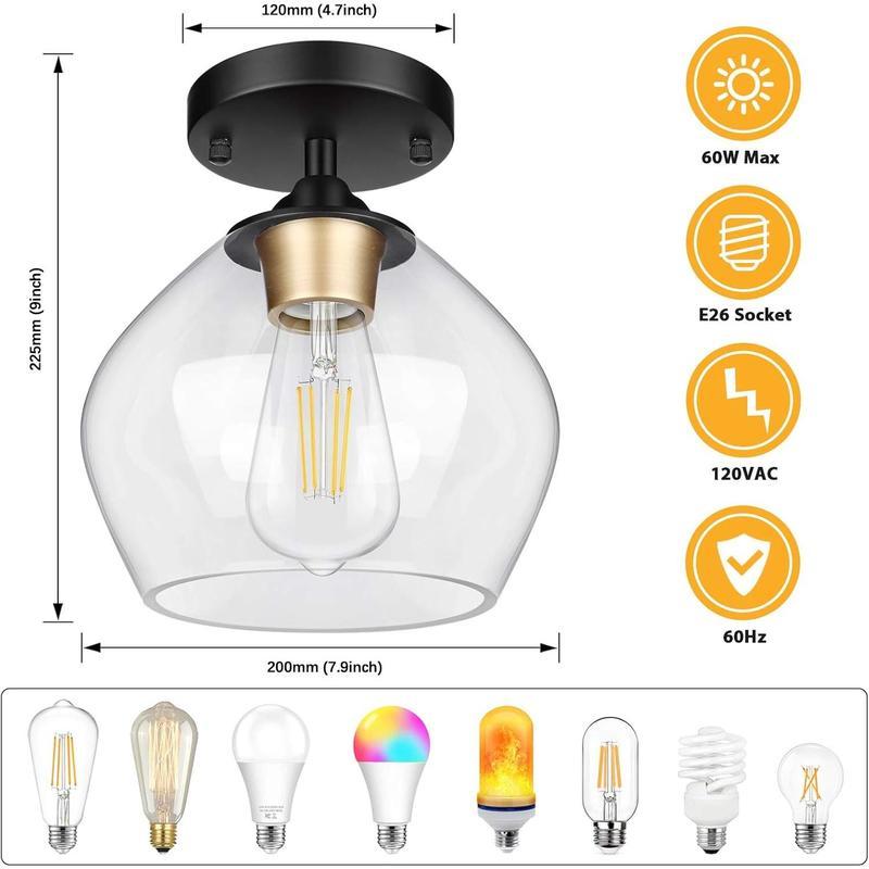 Modern Semi Flush Mount Ceiling Light with Clear Glass Shade, Industrial Close to Ceiling Light, Black Hanging Ceiling Light Fixture for Hallway, Bedroom, Dining Room, Entryway, Foyer