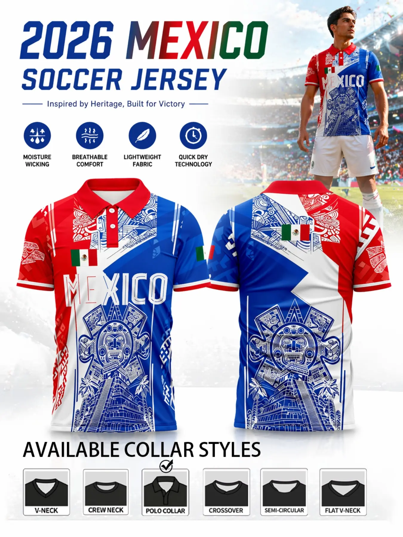 2026 Mexico Blue Jersey, Aztec Sunstone Maya Pyramid Tribal Full Sublimation Soccer Shirt, Quick-Dry Sportswear T-Shirt