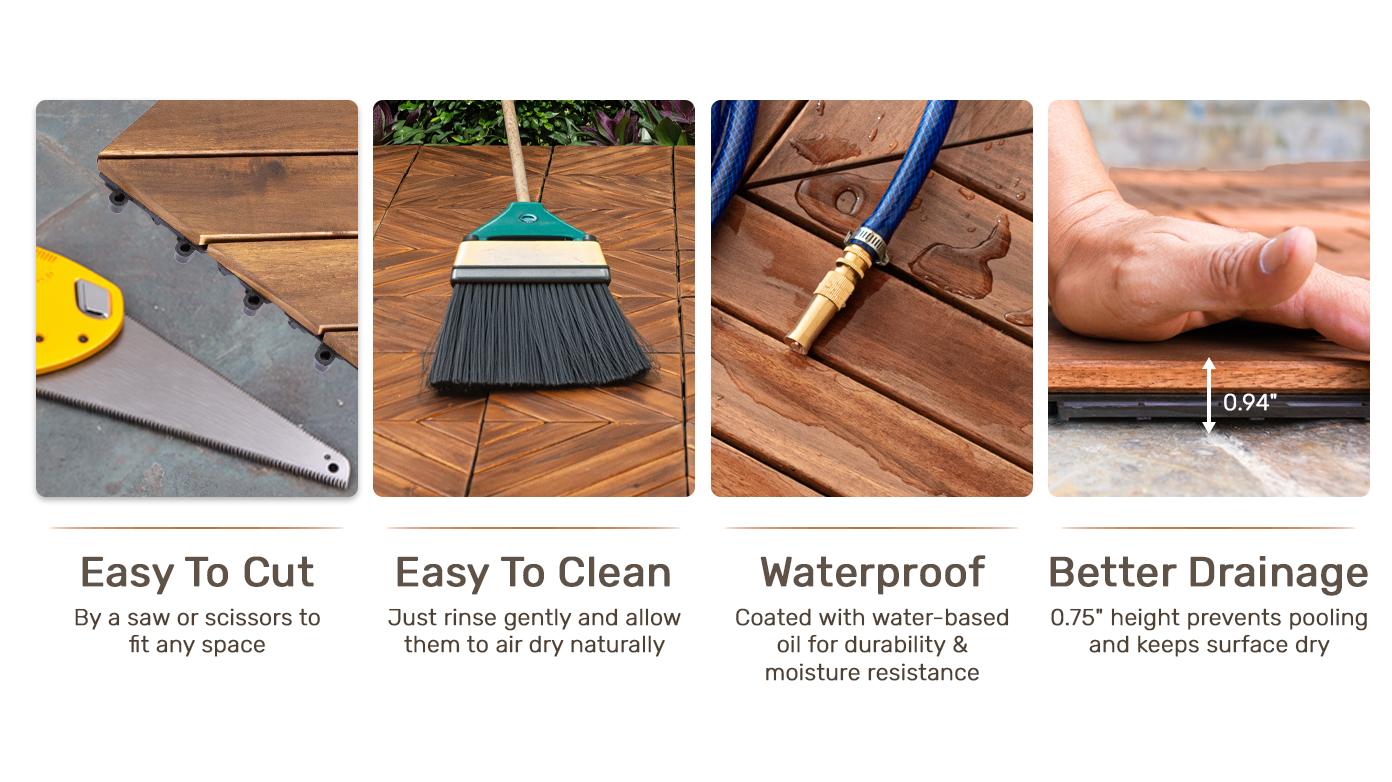 ARCH 27 PCS Interlocking Deck Tiles Diagonal Pattern, 12" x 12" Acacia Wood Tiles For Patio, Waterproof, All-Weather, Outdoor Decking For Garden, Pool, Balcony,...    RR