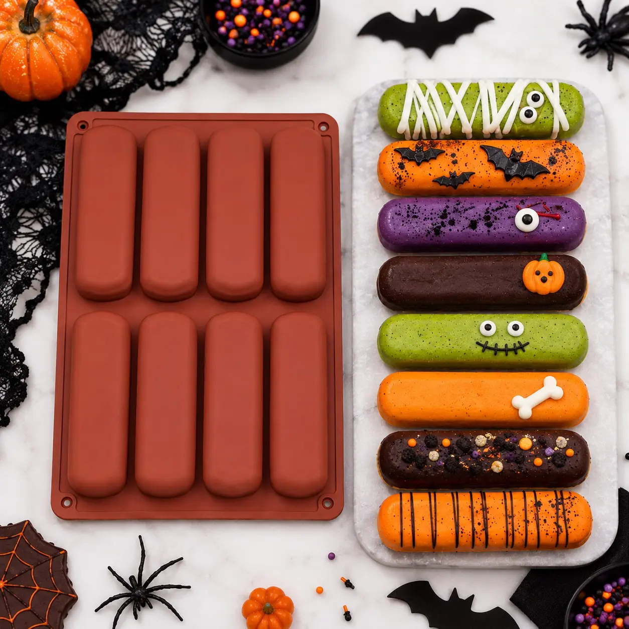 Halloween 8-Cavity Silicone Ladyfinger Mold, Nonstick Long Finger Cake Baking Pan for Eclairs, Mousse, Chocolate, Cookies, Desserts, Reusable DIY Party Baking Tray