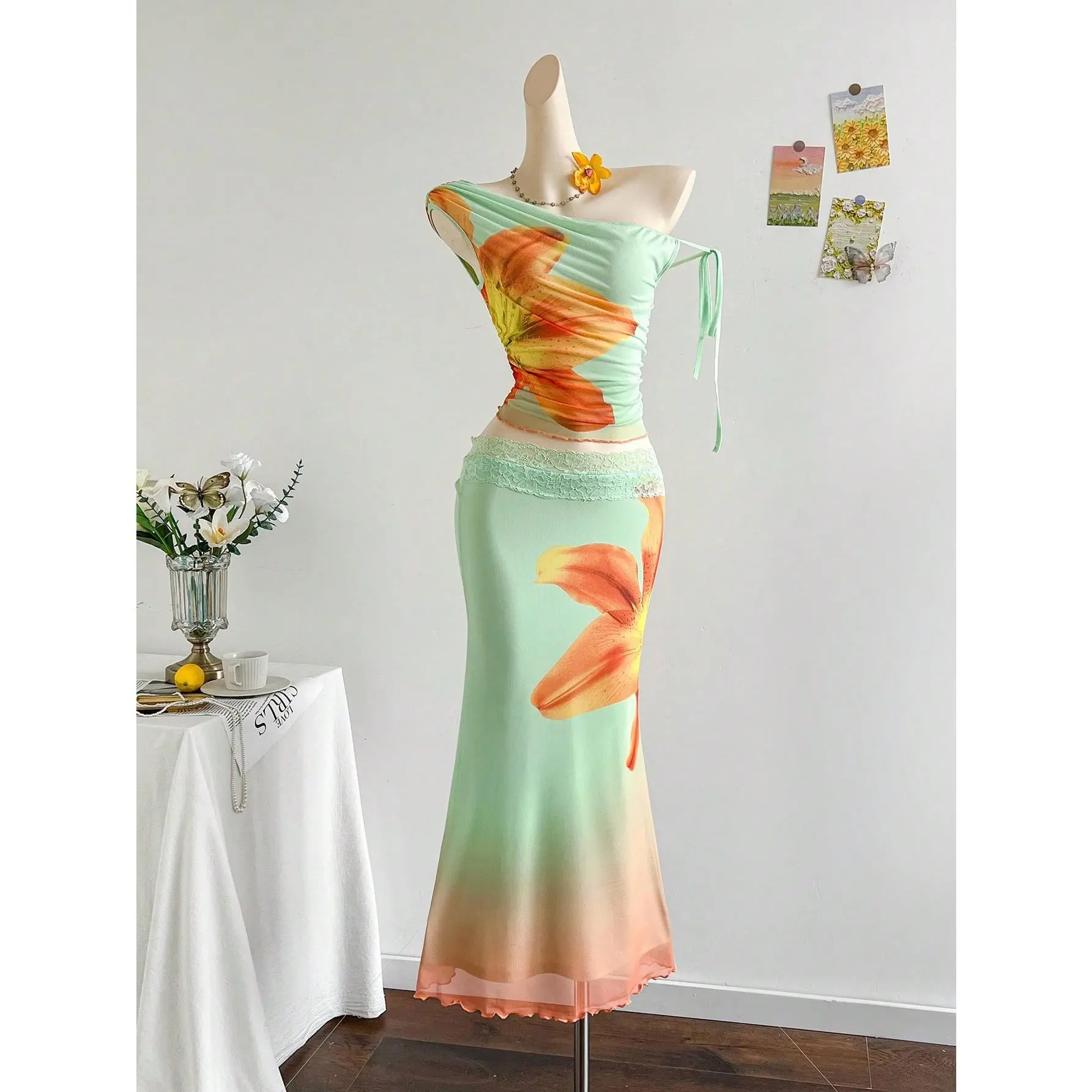 Women's 2 Piece Outfit Floral Mesh Ruched One Shoulder Crop Tank Top and Bodycon Maxi Skirt Set