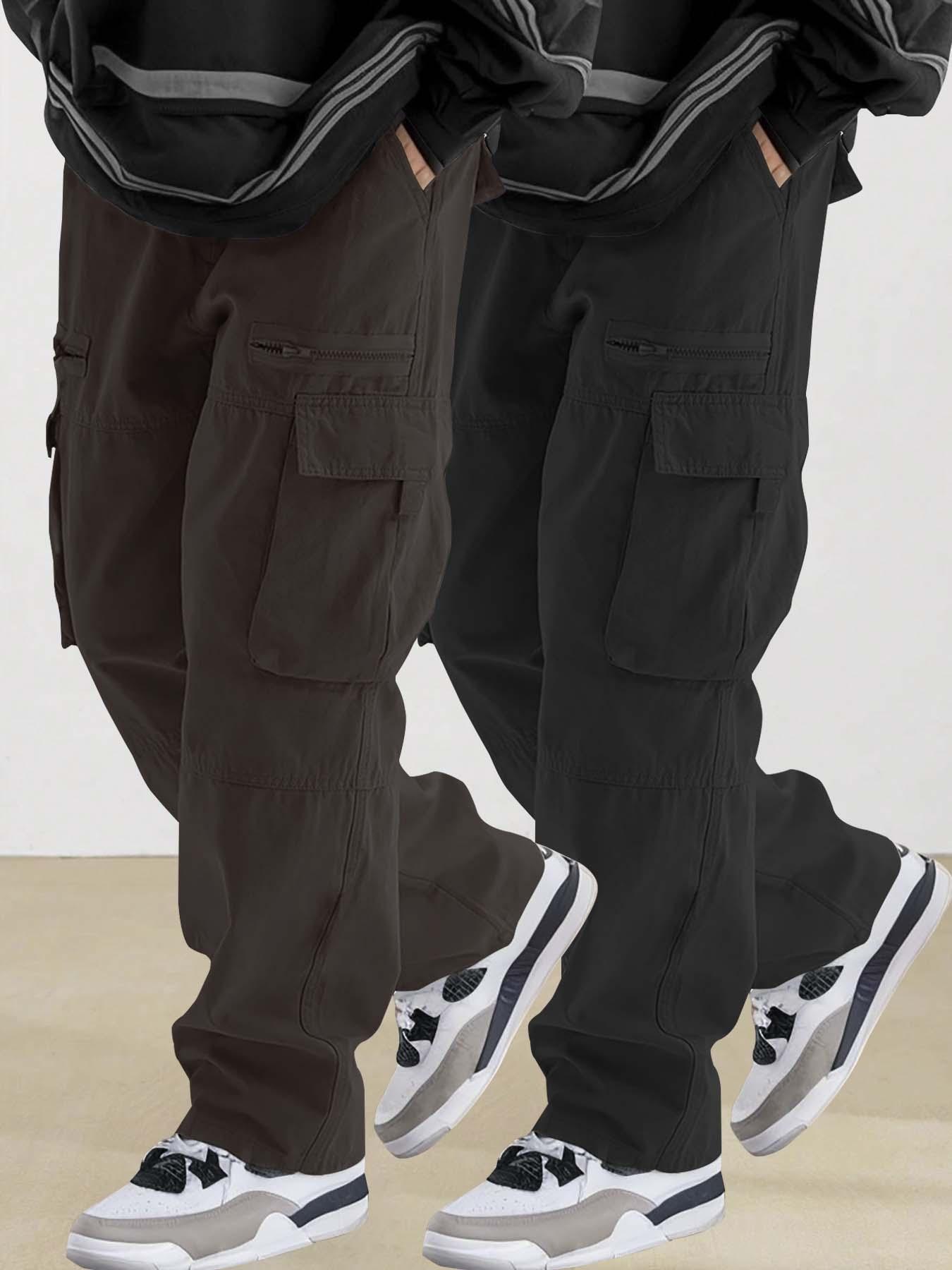 Men's Plain Drawstring Waist Cargo Pants, Loose Street Fashion Zipper Multi-pockets Casual Slant Pocket Trousers, Pants for Men, Menswear Summer Work Outfits, Mens Bottoms, Casual Streetwear Trousers