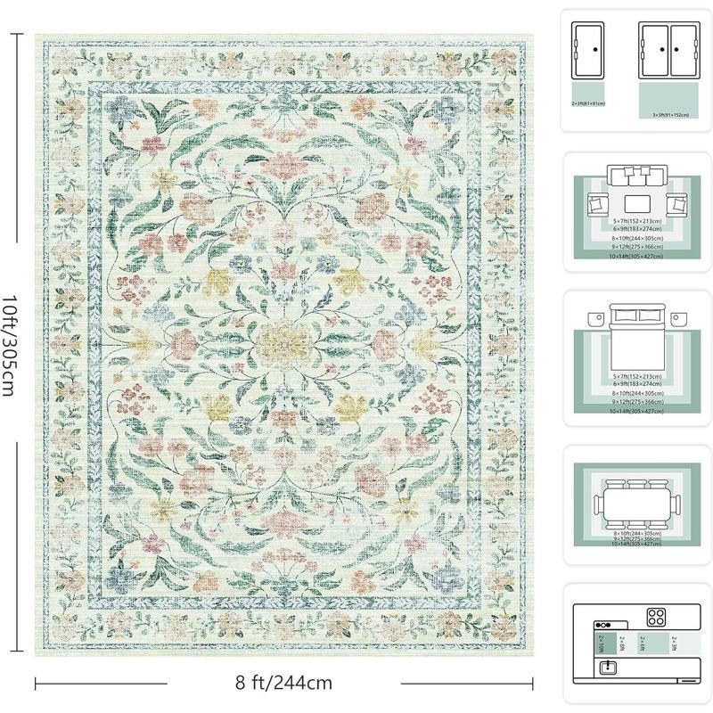 8x10 Area Rugs, Machine Washable Low Pile Floral Faux Cashmere Rugs for Living Room, Bedroom, Large Boho Area Faux Cashmere Rug with Non-Slip Backing for Dining Room(Beige Floral)