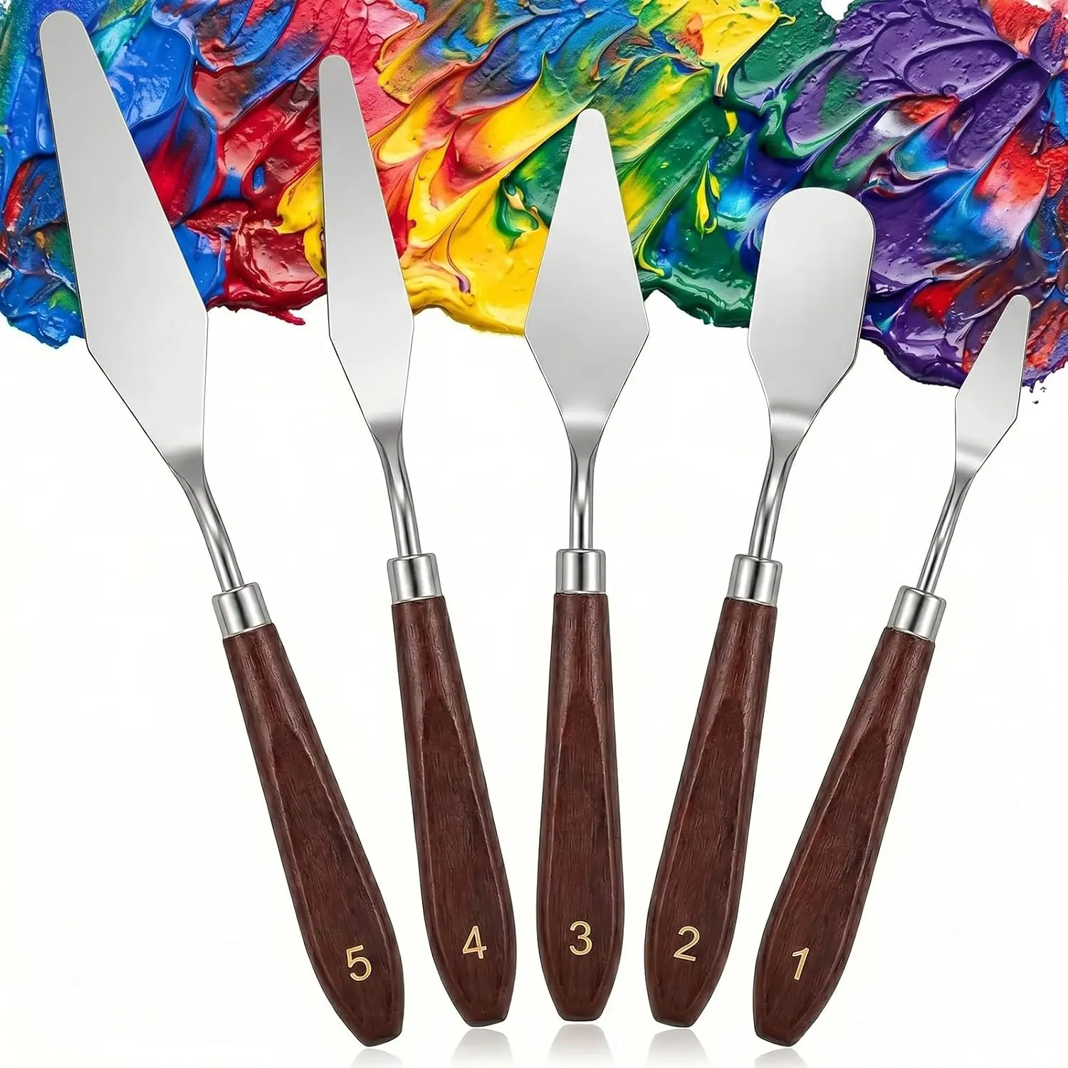 5-Piece Stainless Steel Palette Knife Set with Wood Handles for Oil Acrylic Painting Paint Mixing Texture Art Canvas and Artist Use