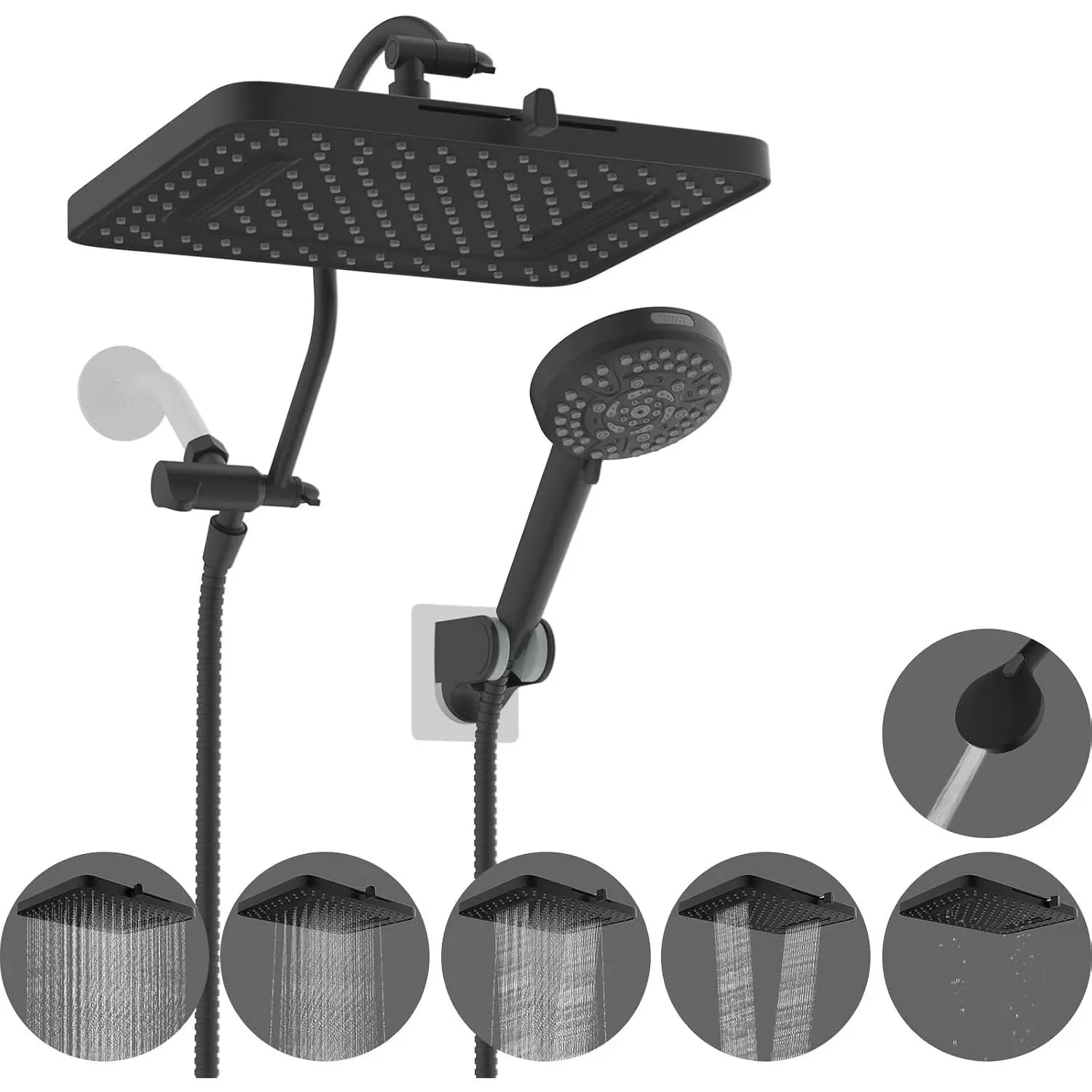 13" Modern Synthetic Showerhead Combo, 5" Rain Shower, 10" Handheld, Matte Black, cUPC Certified, Upgraded, 12" Extension Arm, 71" Hose & Holder, 13" Size