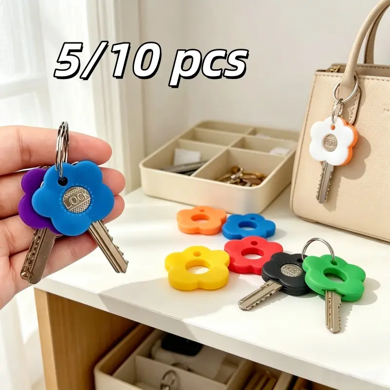 5pcs-10pcs Multicolor Silicone Key Identifier, Color Coded Flower Shape Key Covers, Key Organization with Keychain Ring, Key Holder, Made in China