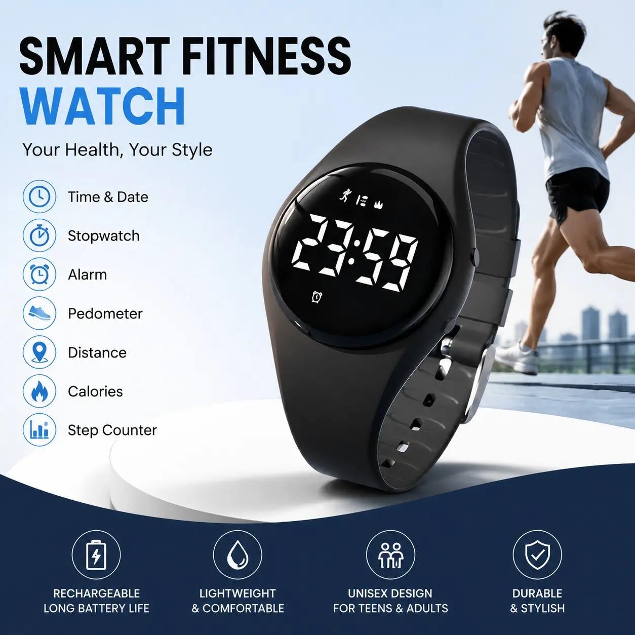 A new rechargeable digital wristwatch for girls and boys,featuring time, date, stopwatch, alarm, pedometer,distance, and calorie tracking functions-perfect forteenagers.