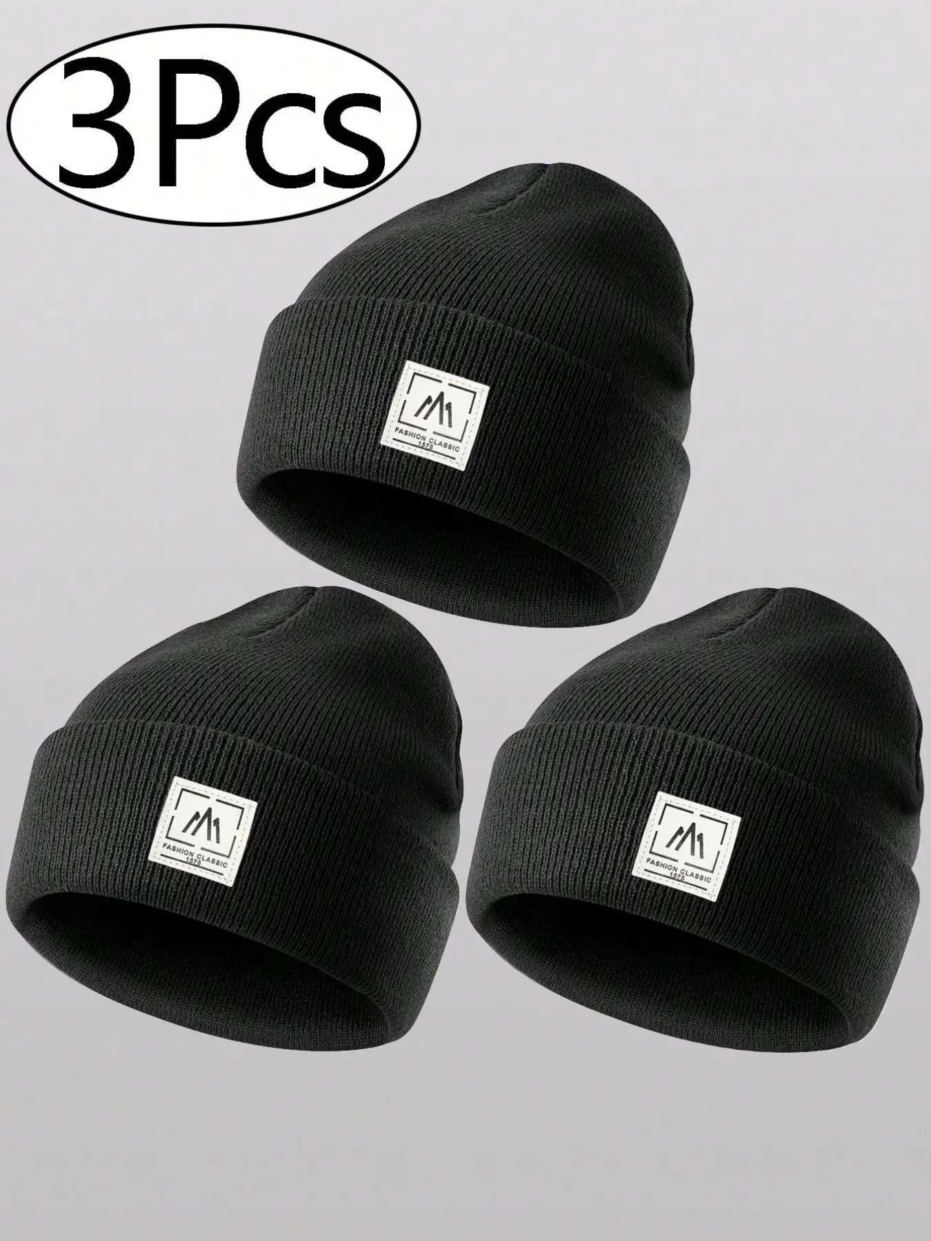 3Pcs Unisex Winter Knit Beanie with White Mountain Logo- Black Embroidered Peak Design Hat for Skiing, Cycling & Outdoor Sports | Windproof & Thermal Polyester Casual Cap | Perfect for Daily Wear & Cold Weather Adventures