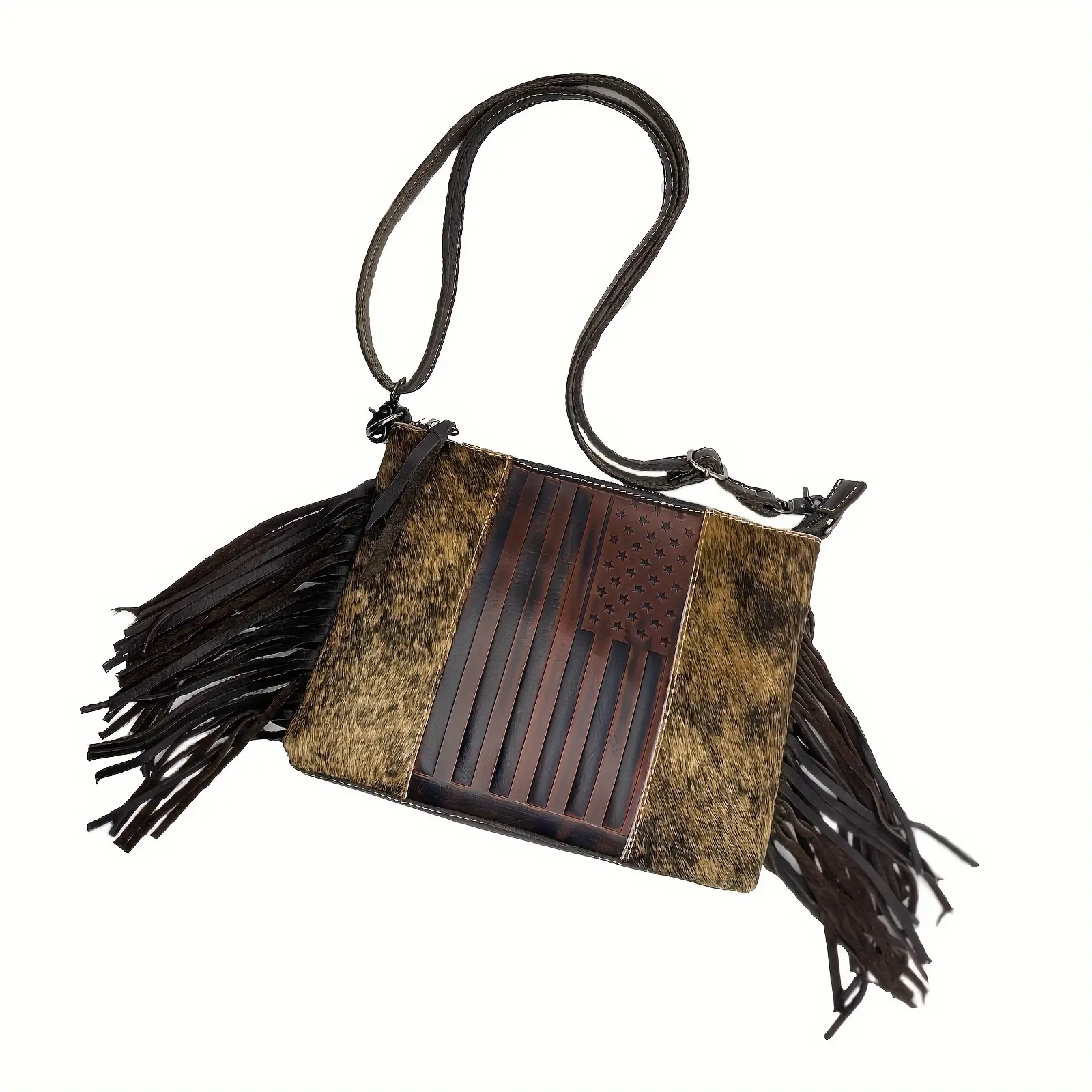 Premium Western Cowboy American Flag Embossed Full Grain Leather Crossbody Messenger Bags Purse For Men