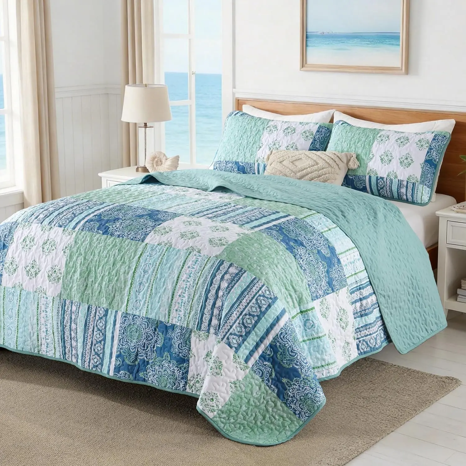 Green Patchwork Set Queen Size 3 Piece Boho Coverlet Set, Soft Microfiber Summer Bedspread Aqua Bedding Set All Season Bed Cover,1 and 2 Pillow Shams-96 x90