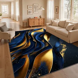 Local Delivery Multi Sizes Velvet Dark Blue Gold Glossy Marble Wave Abstract Rug Washable Non Slip Boho Farmhouse Runner Nursery Indoor Decor Rug