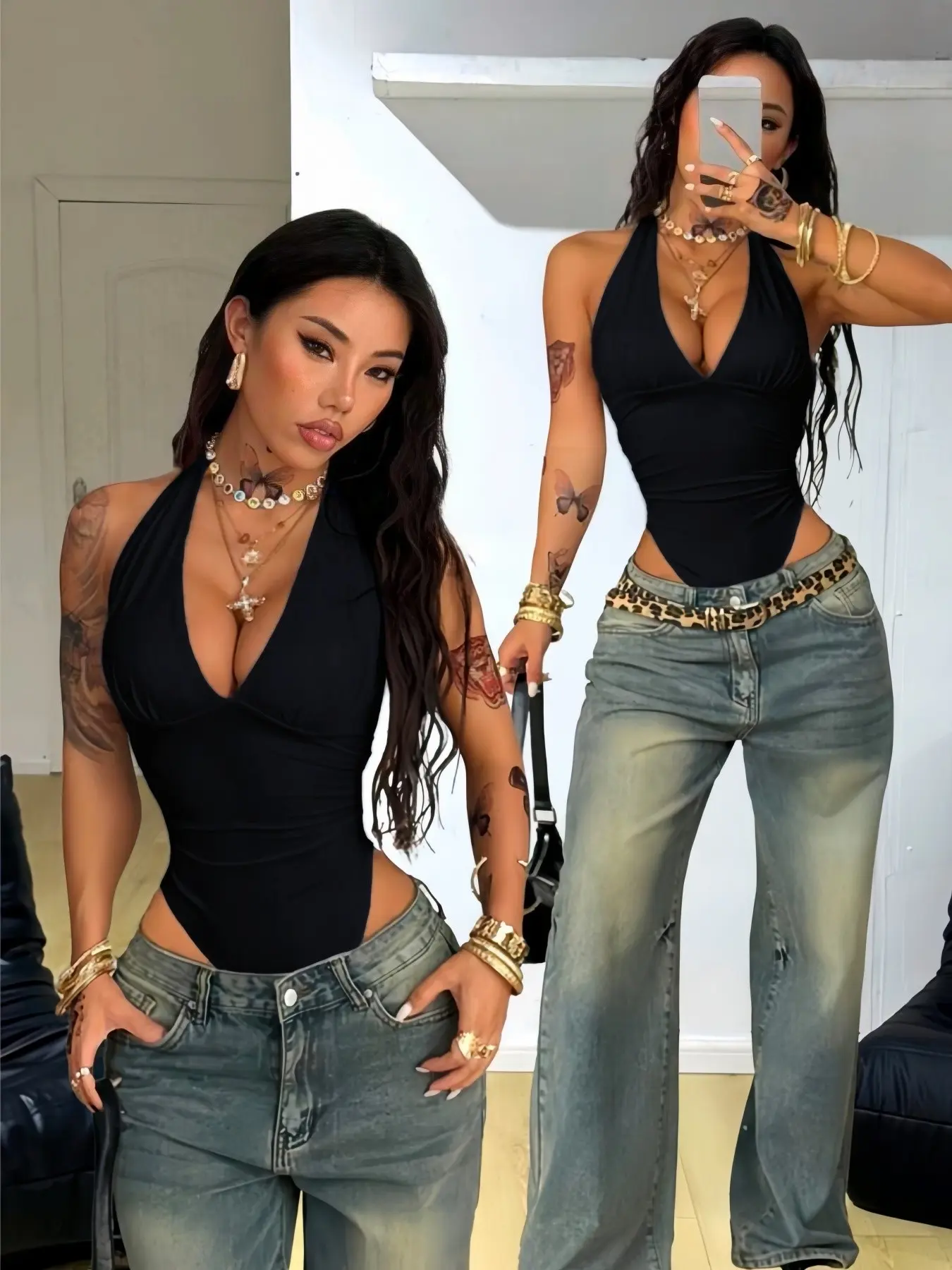American Retro Deep V Neckline Tight-Fit Women's Bodysuit, Casual Home Wear Undergarment, Stylish and Comfortable Design