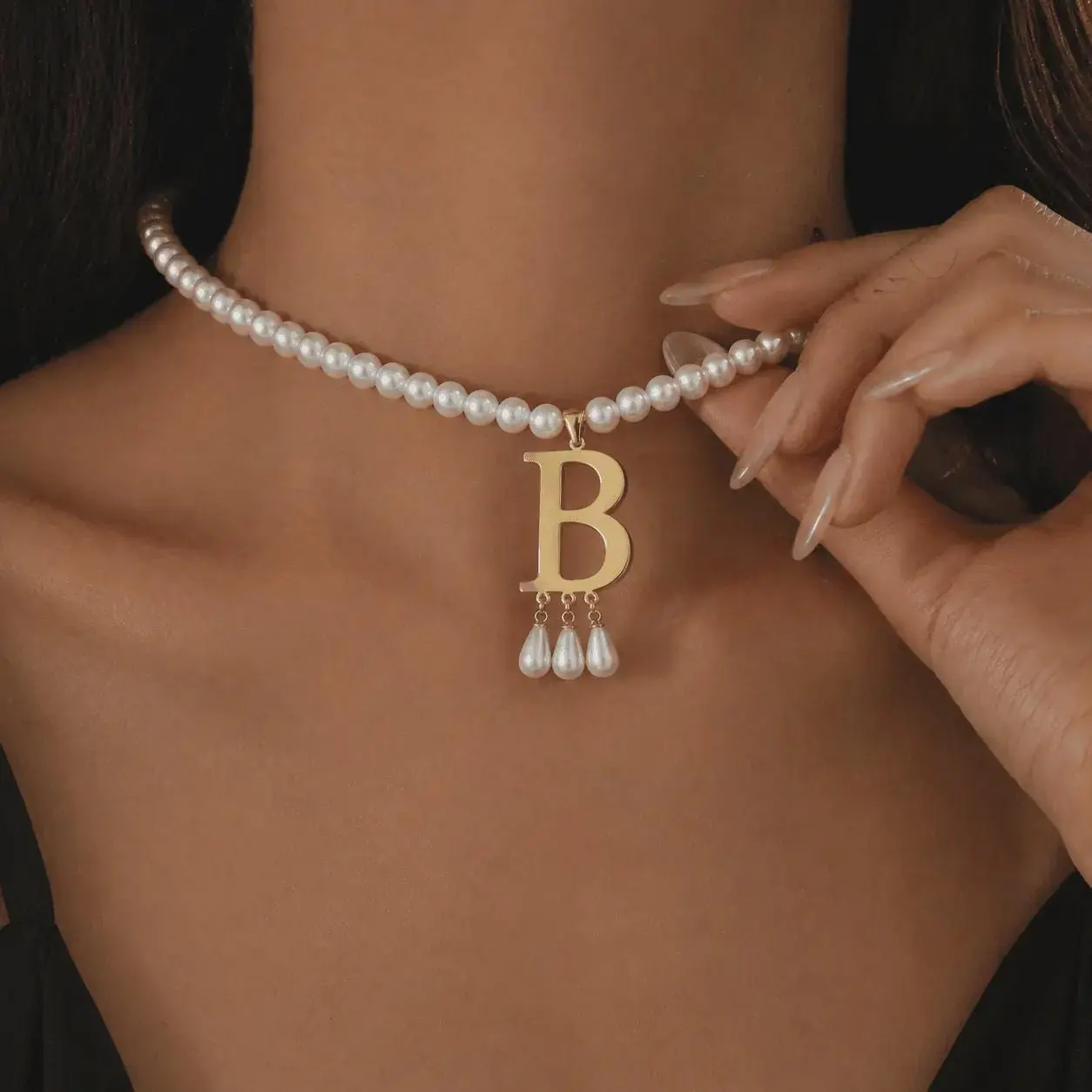 AS1916 Personalized Initial Letter Pearl Pendant Necklace, Stainless Steel Hollow Design with Metal Coating, Holiday Gift