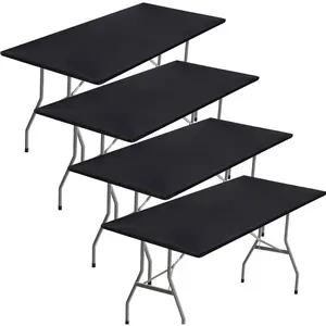 4 PCS Black Table Cloth for 6 Foot Rectangle Tables Spandex Table Covers Reusable Stretch Tablecloths Wrinkle-Free Tight Cloth for Trade Show Wedding Banquet Buffet Birthday