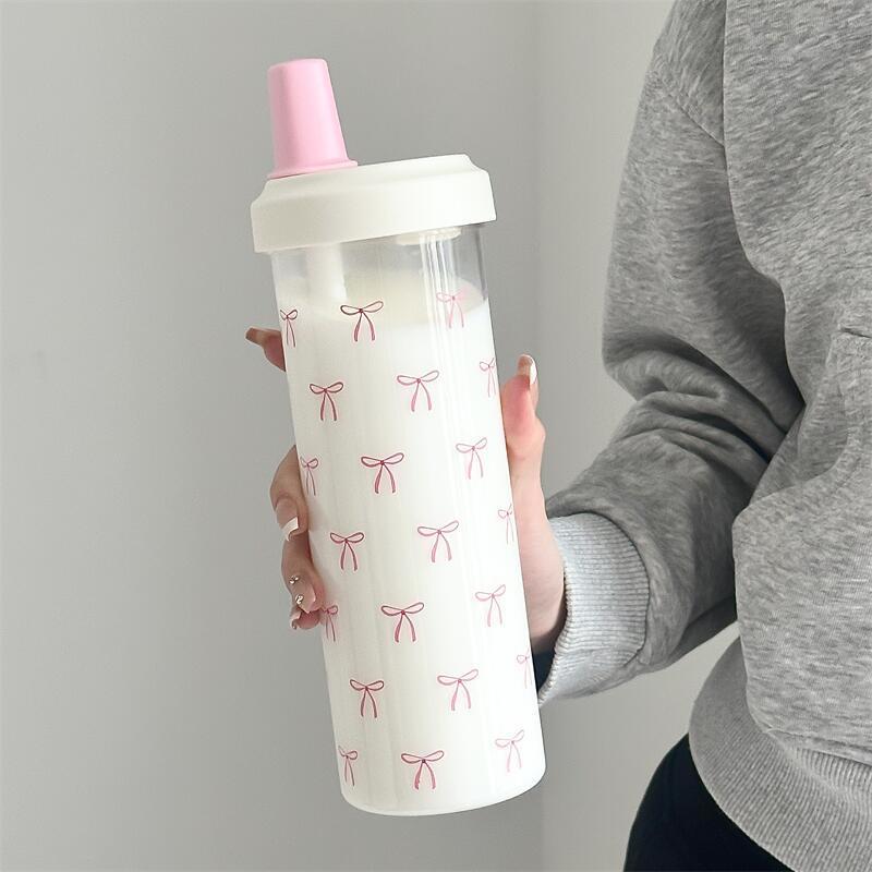 700ML Large Capacity Coffee Cup, Simple Bow Plastic Water Bottle with Lid and Straw, Reusable Sports Cup, Back-To-School Supplies, Reusable Water Bottles
