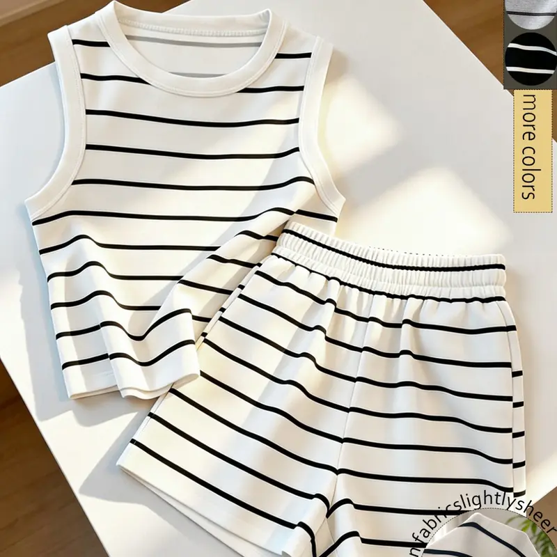 Striped Sleeveless Vest and Shorts Set, Casual Wear, Lightweight, Suitable for Home, Short Trip, Vacation and Daily Wear, Casual Beach Set, Matching Shorts Set