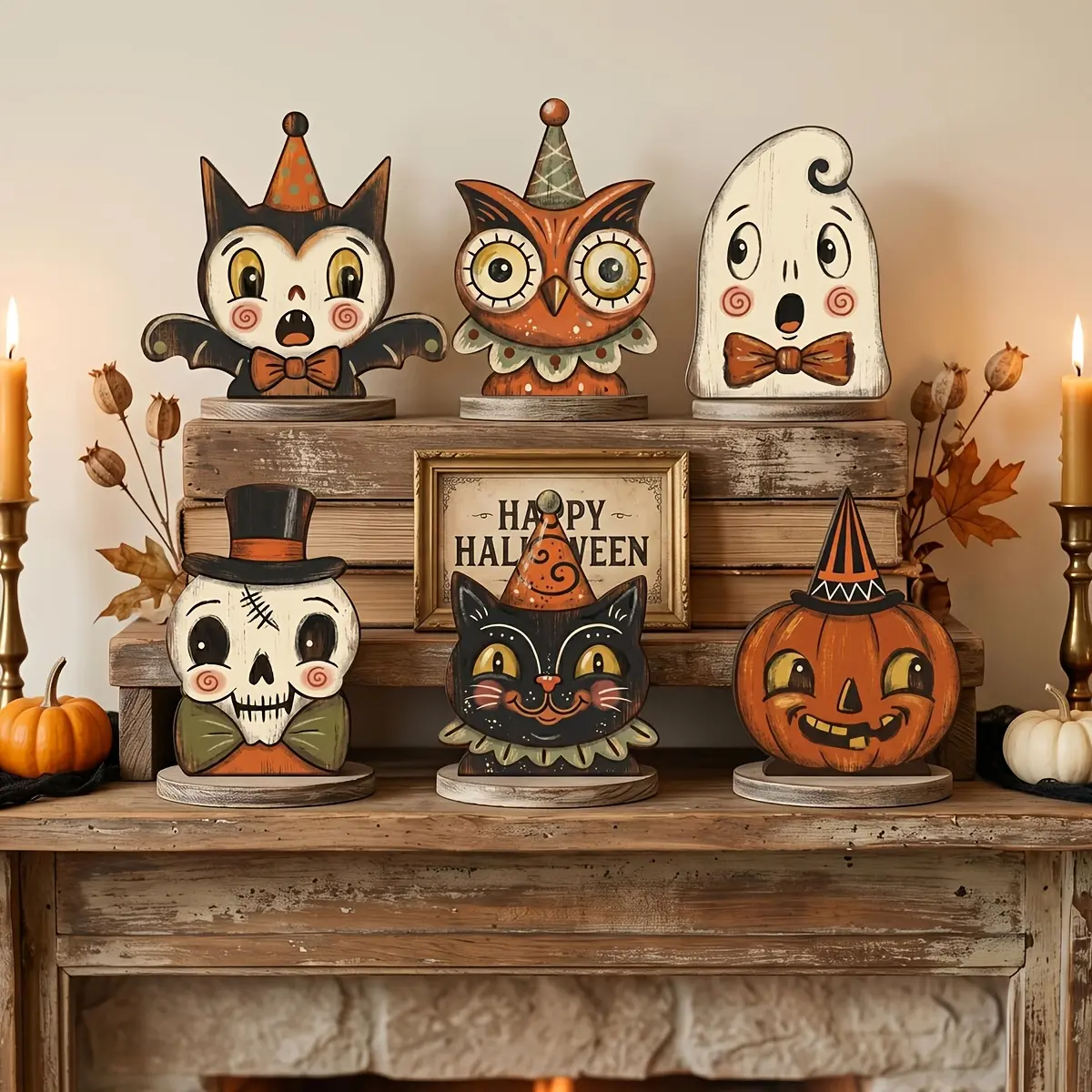 Vintage Halloween Decor Indoor, Retro Wooden Block for Shelf Decoration, Cute Ghost, Pumpkin, Black Cat, Skeleton, Witch Owl, Housewarming Gift