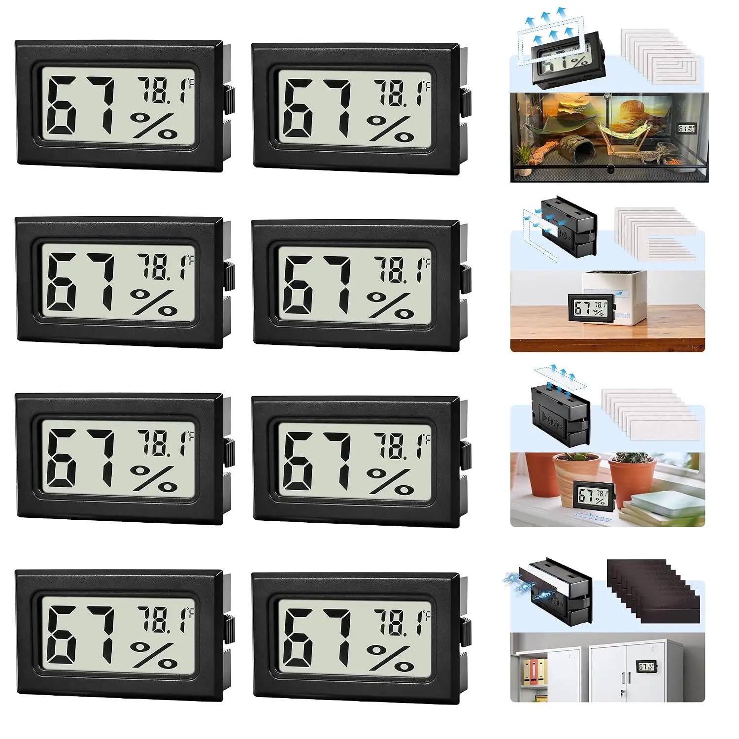 8-Pack Mini Digital Hygrometer Thermometer - Front-View Frame Adhesive for Mason Jars, Reptile Terrariums, Fridges, Egg Incubators, Grow Tents with 12-Month Service Life