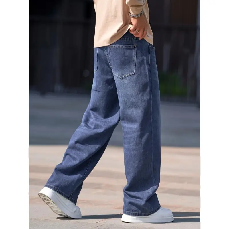 Men's Casual Dark Blue Wide-Leg Jeans - Loose Fit, Rayon Blend, Machine Washable