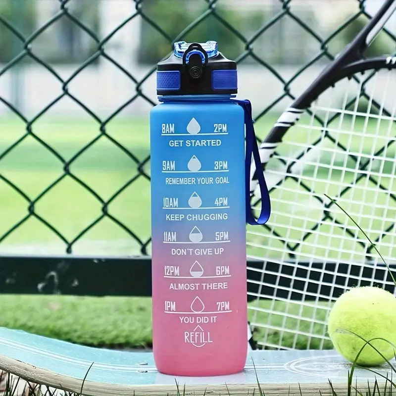 1L Gradient Motivational Water Bottle with Time Marker & Hand Strap, BPA‑Free Leakproof Sports Bottle for Gym Hiking Travel