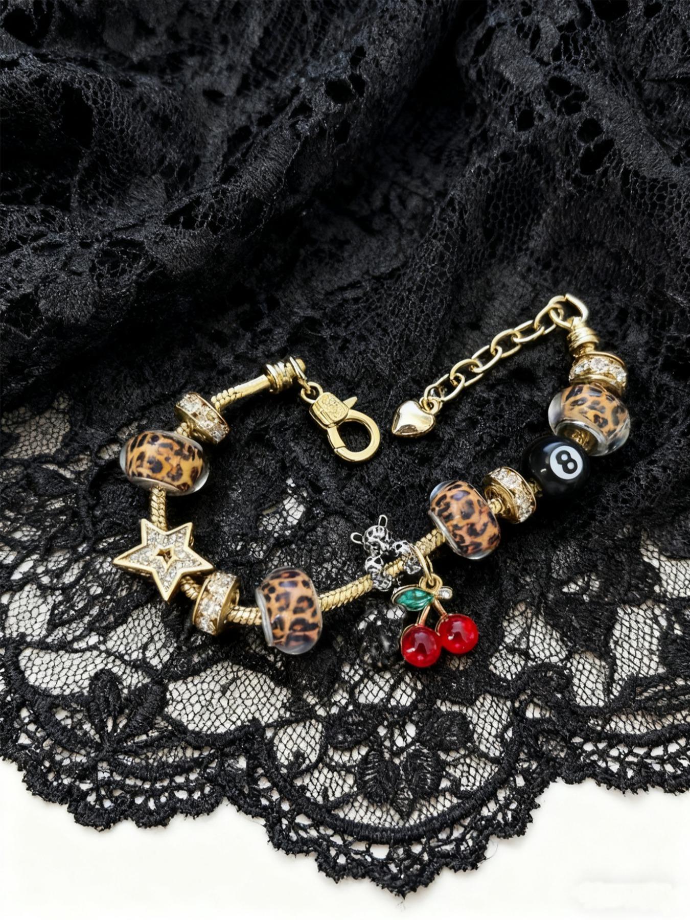 2026 New Women's Leopard Print Rhinestone Cherry Charm Bracelet, Trendy Y2K Iron Chain Bracelet, Versatile All-Season Jewelry & Perfect Gift for Her