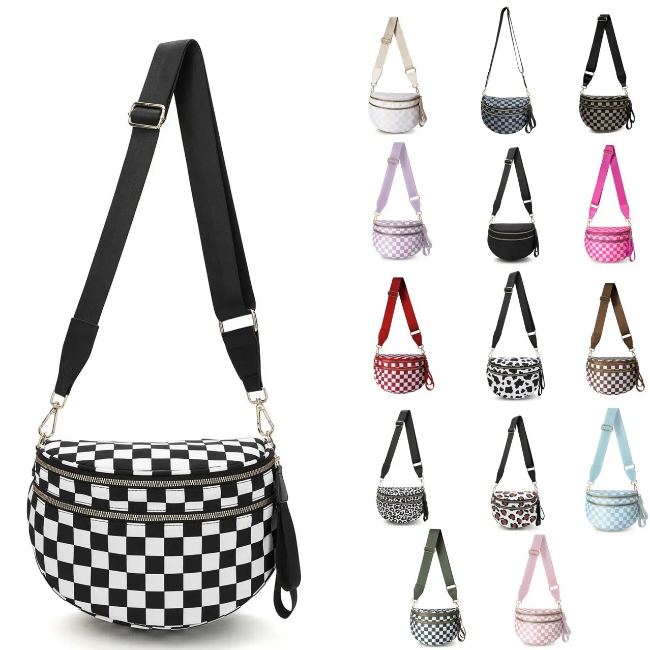 Women's Trendy Checkered Vegan Leather Belt Bag with Adjustable Strap, Aesthetic Crossbody Sling Chest Purse, Casual Waist Handbag for Holiday Travel Festival Essentials