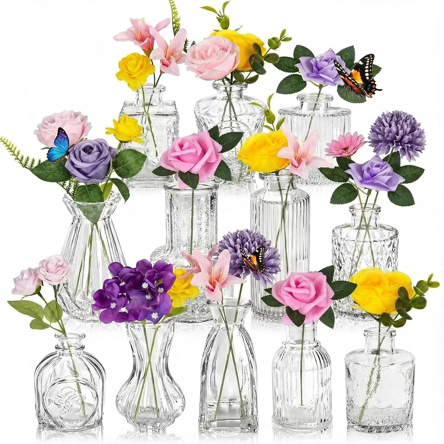 36 count Artificial  Table Centerpiece with Vases Colorful Wildflower Centerpieces Silk Flower Arrangement for Wedding  Shower Table Centerpieces Party(Elegant Grace,Clear)