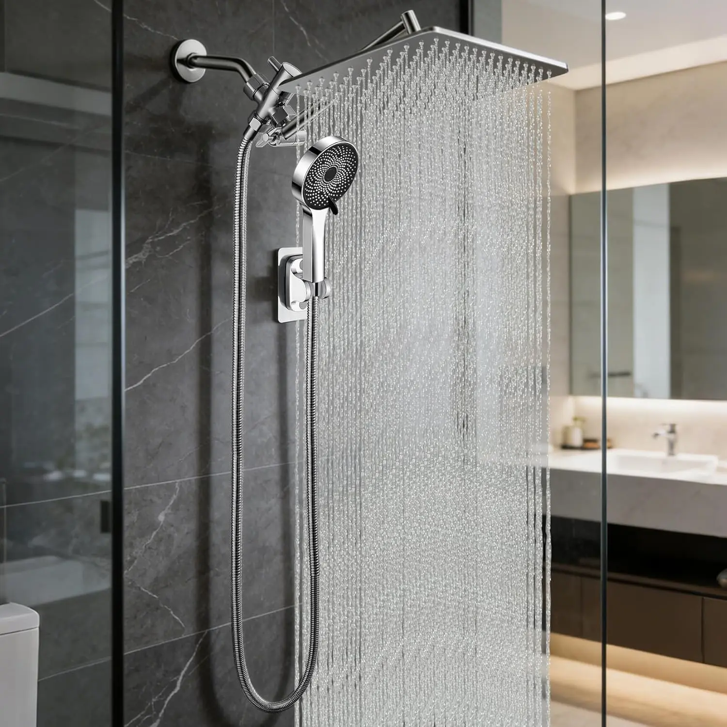 12 Inch Shower Head, Rain Shower Head with Adustable Extension Arm, Detachable Silver Shower Head with Handheld Spray, High Pressure Shower Hose with Holder in Bathroom(Silver)