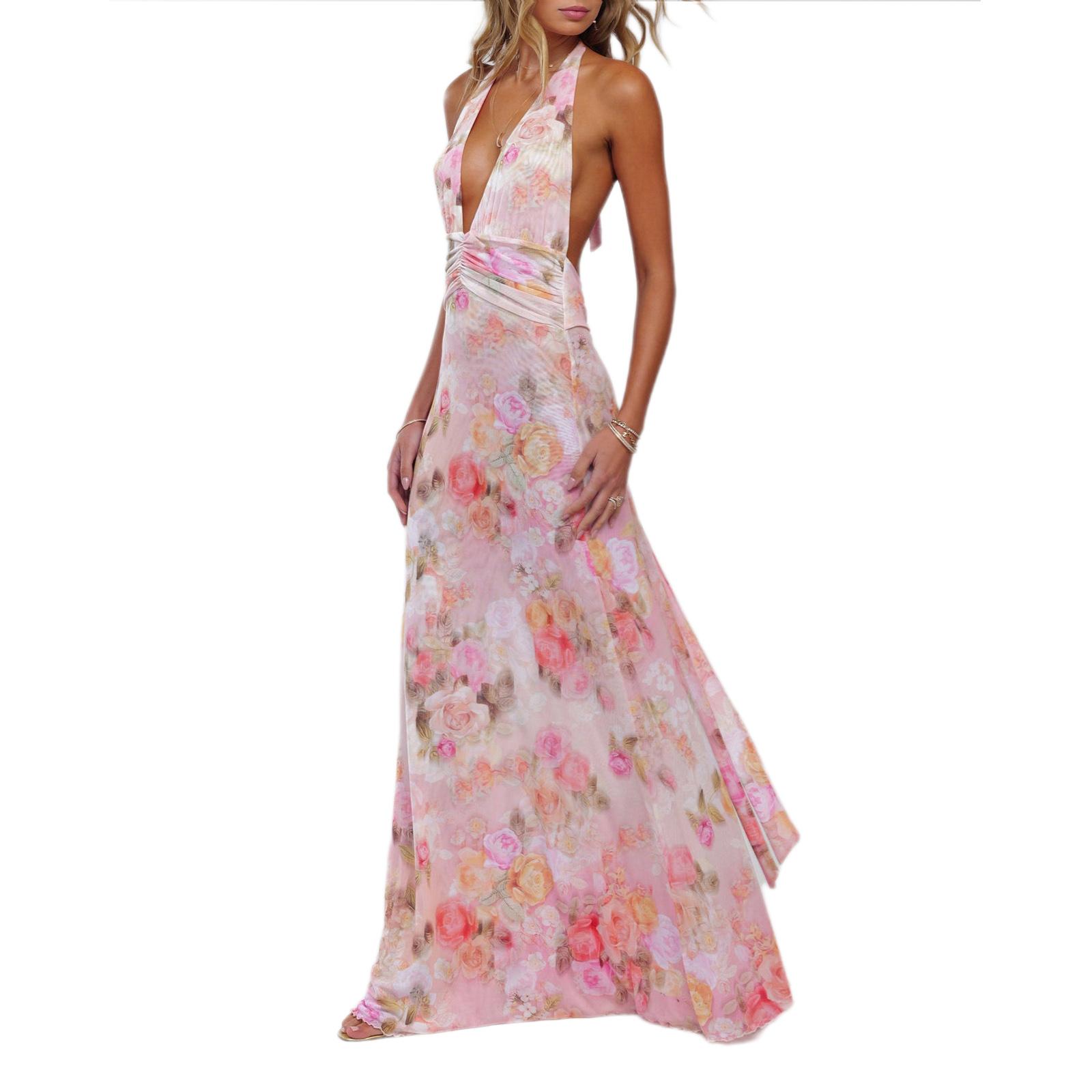 Women Long Dress, Sleeveless Halter Dress Backless Flower/Dots Print Summer Cocktail Dress