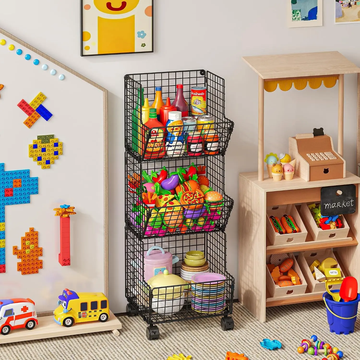 Outdoor Toy Storage Basket, Play Kitchen Organizer with 5 S-Hooks,3 Tier Rolling Storage Cart Garage, Pantry Floor Snack Cart with Wheels,Toy Shelf Dog Storage Organizer Kids Bookshelf