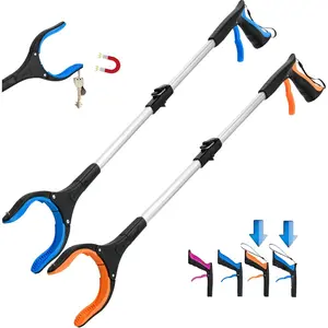 2026 2-Pack Grabber Reacher Tool,32 Inch Extra Long Foldable Pick Up Stick with Buckle and Rope and with Strong Grip Magnetic,360°Rotating Anti-Slip Jaw,Grabber Tool for Outdoor & Indoor (Blue&Orange)