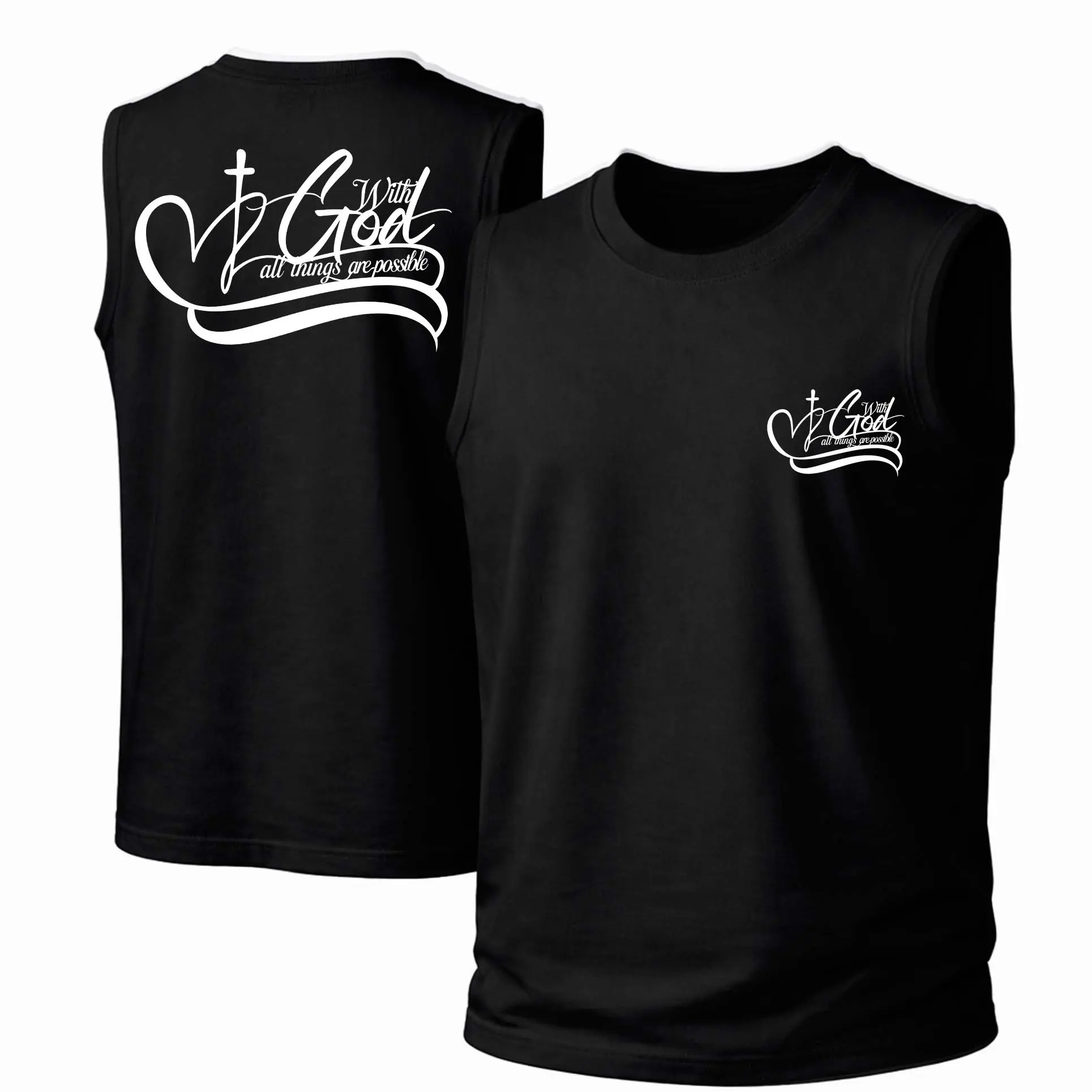 Men's Cotton Sleeveless Tank Top - Unisex Menswear Streetwear Garment, "With God All Things Are Possible" Print, Classic Crew Neck Fabric, Casual Spring-Summer Wear, Soft, Loose, Breathable, Printed, Round Neck, All-Season, Outdoor, Slogan Men's Tanks