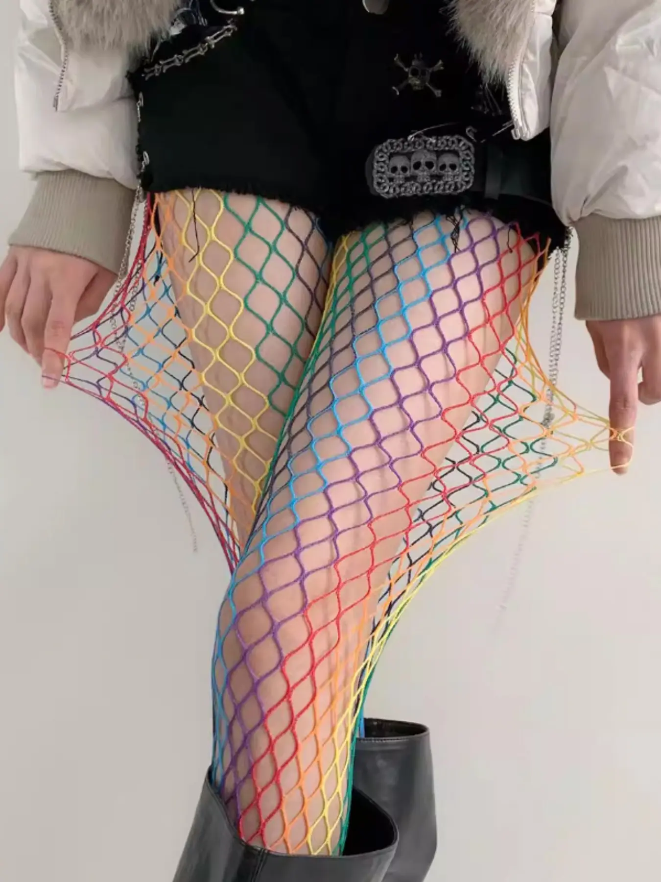 Spring Summer Rainbow Plaid Stockings, Breathable Subculture Mesh Socks, Sexy Geometric Design, Natural Waist, All Seasons
