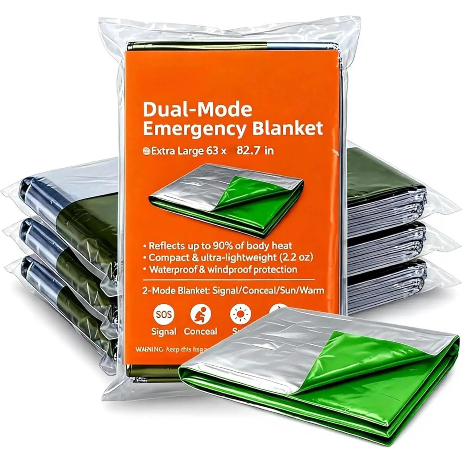 Double-Sided Green/ Thermal  Blanket (4-Pack) -  63x82.7 Heavy Duty Mylar Foil Space Blankets for Camping, , Hiking,  Kits - Windproof &