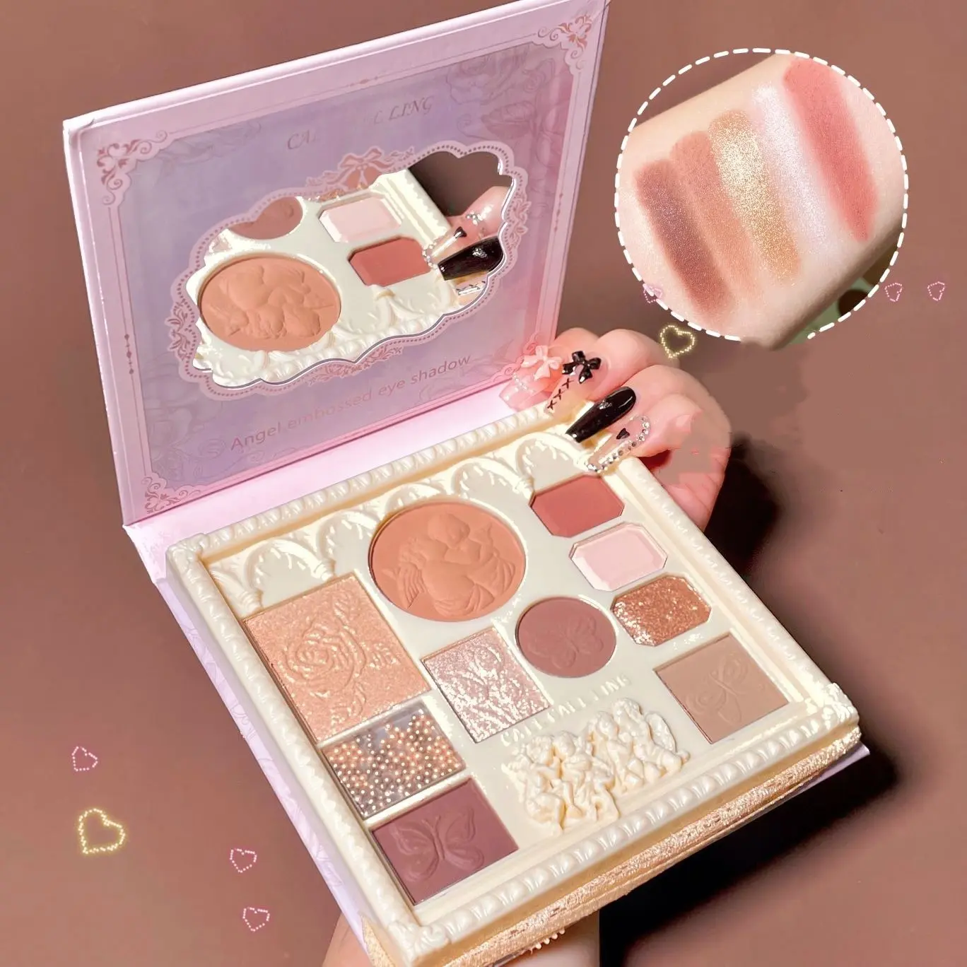 10 Color Embossed Angel Powder Eyeshadow Palette, Matte Highlighter Blush Combo, Versatile Multifunctional Makeup Palette for Daily Use, Perfect for All Skin Types