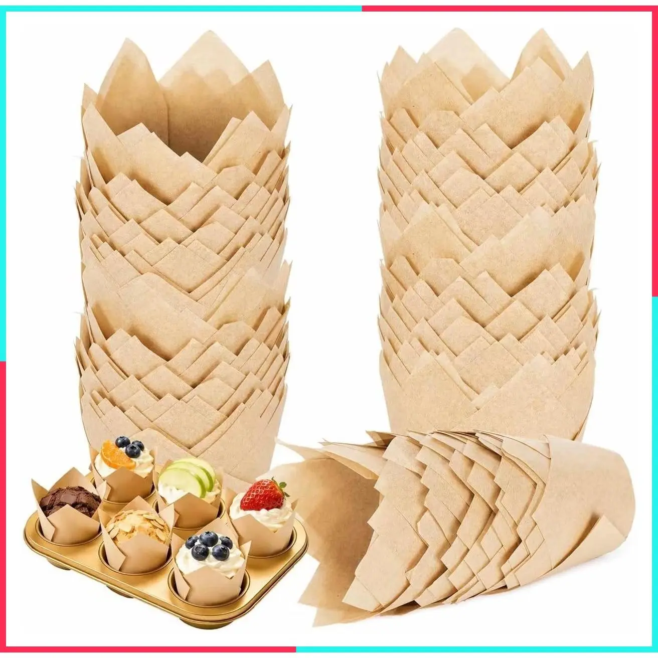200 Pcs Natural Tulip Cupcake Liners, Greaseproof Muffin Baking Cups