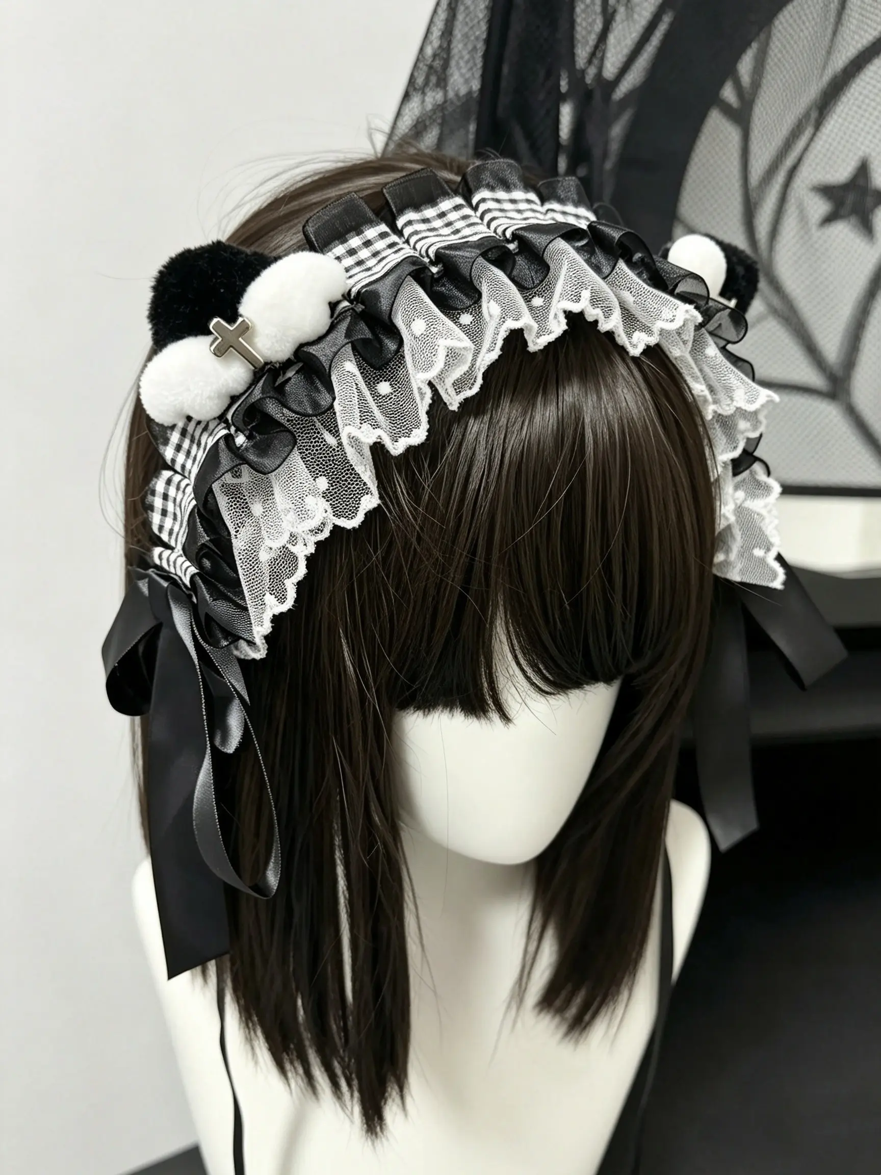 Gothic Lace Headband with Cross Plush Cloud Pendant, Checkered Ribbon, Cute Gothic Millennial Style, Party Accessory
