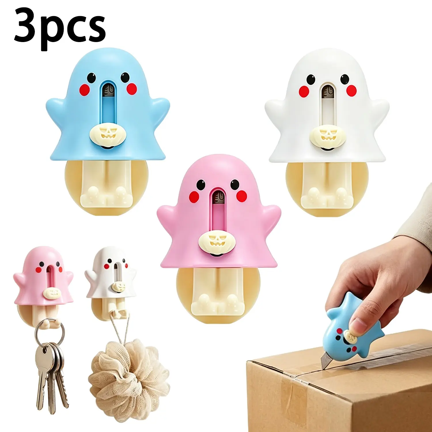 3-Piece Cute Ghost Unboxing Knife with Hook, Mini Retractable Craft Knife, Safe Parcel Opener, Strong Adhesive Hook, Halloween Gift