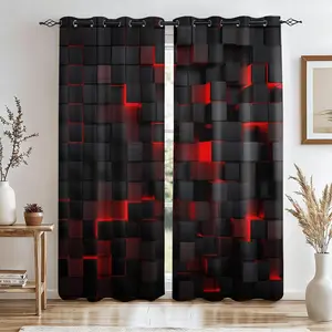 Black Red Dark Technology Neon 3D Cube Blackout Curtains 2Pcs/Set, No-Drill Ring Design, Washable Polyester Fabric, Perfect for Bedroom Living Room Dorm Insulation & UV, Multi-Functional Home Decor