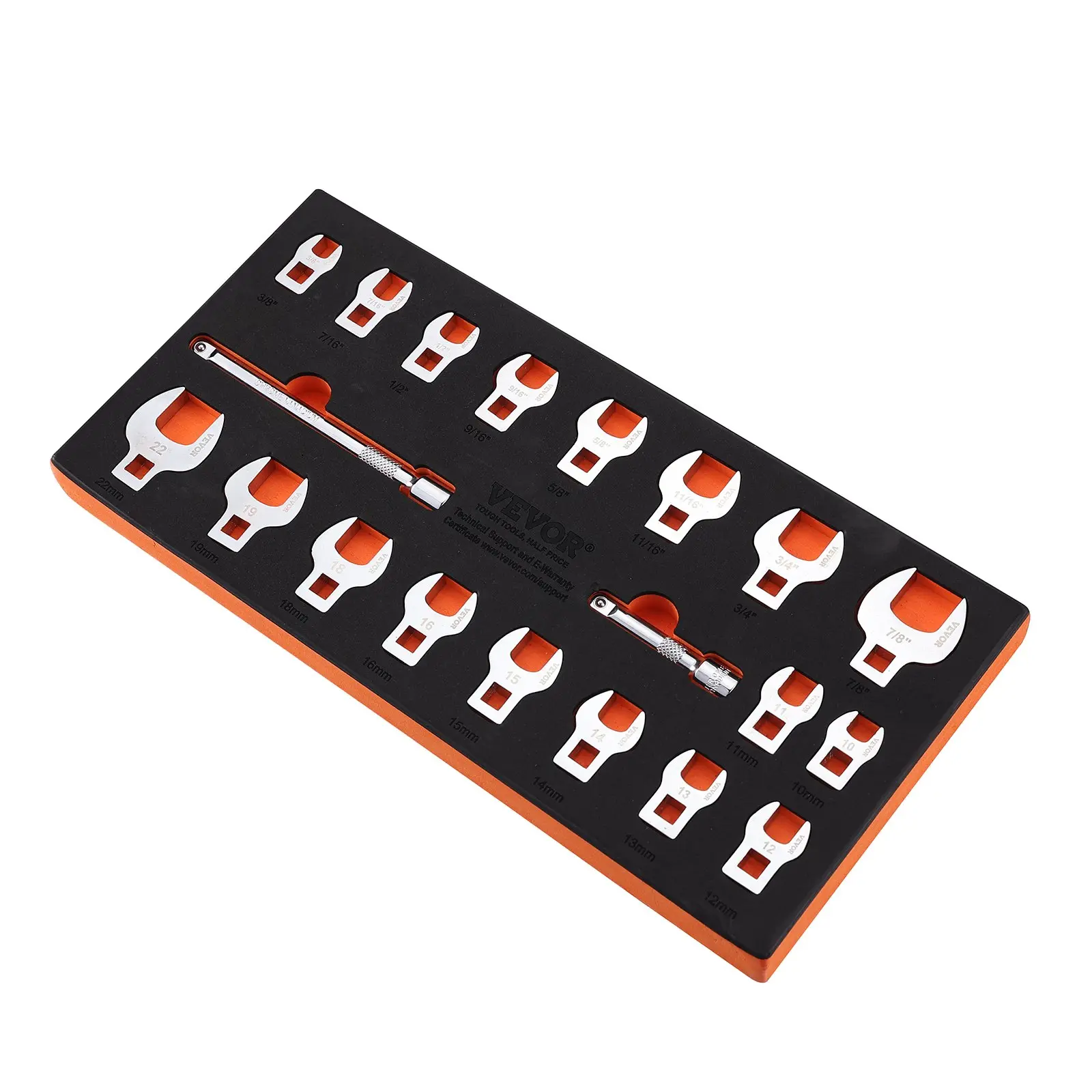 VEVOR 3/8" Square Drive Crowfoot Wrench Set, 20-Piece SAE+Metric Kits with 2 Extensions + Tray, 40CR Steel Mirror Finish, Laser Etching Inches/MM Sizes (3/8"-7/8" SAE, 10-22mm Metric) for Auto & Home Repairs