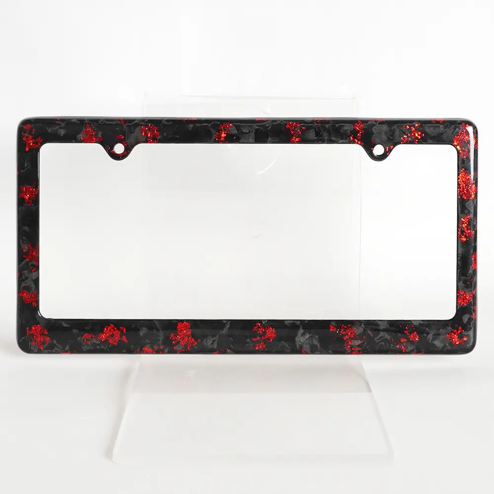 Carbon Fiber License Plate Frame - Forged Look with Red Gold Dust, Glossy Finish, U.S. Standard 2-Hole Design for All Automotive & Motorcycle Models, 315X161mm