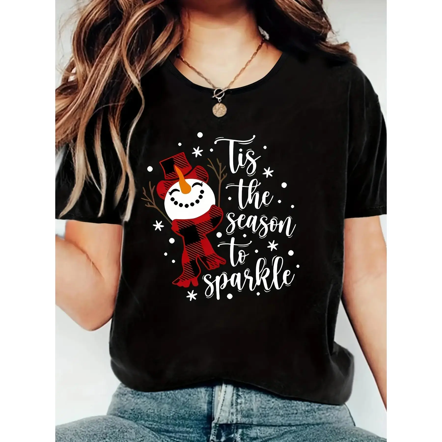 Women's Holiday Snowman "This Season To Glitter" T-Shirt: Cotton casual summer crewneck, stretch knitted fabric, snowman "This Season To Glitter" slogan, Christmas holiday adult top;