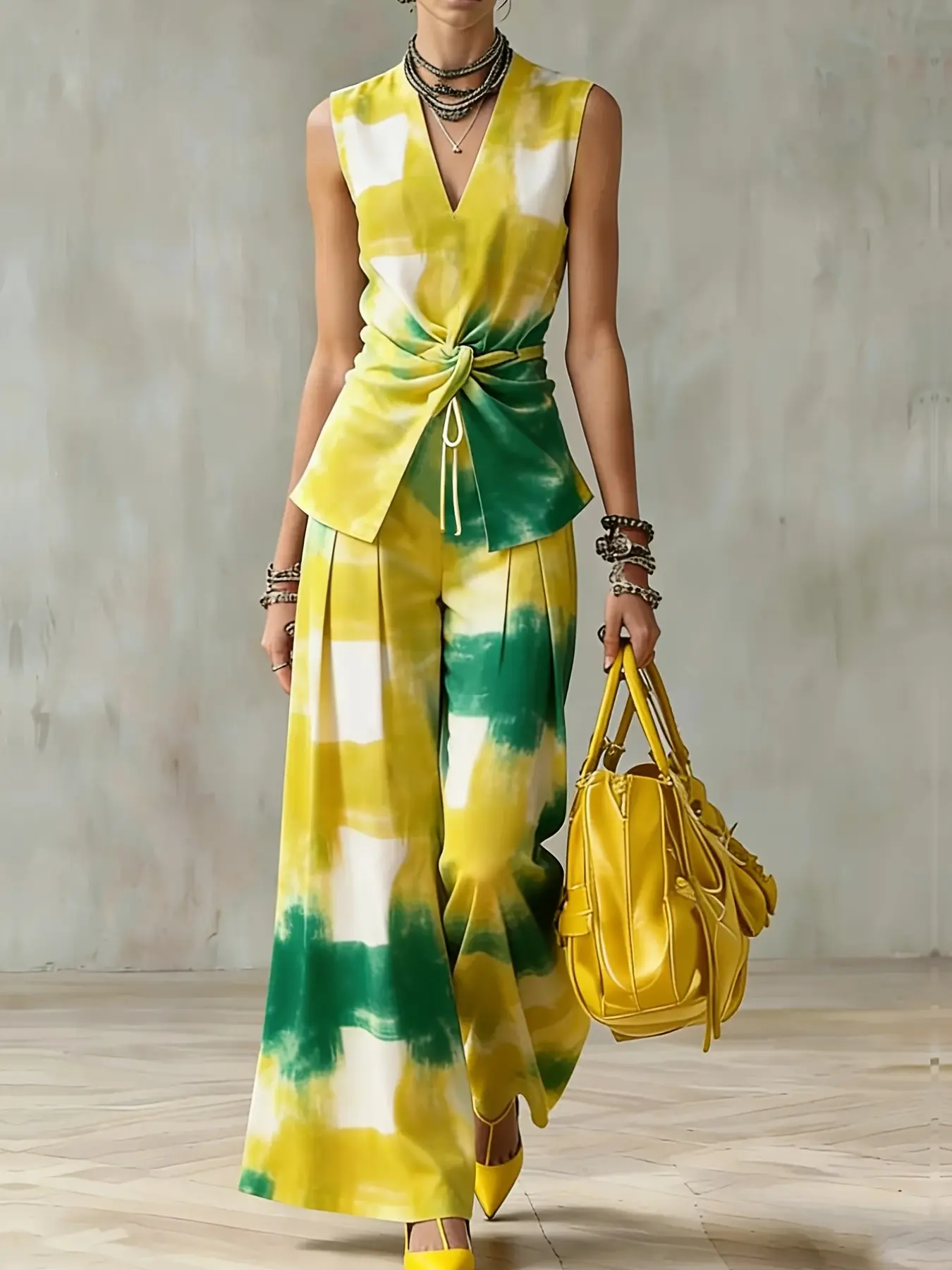 Women's Casual Fashion Set, Drawstring V-Neck Tie Front Ruched Sleeveless Top + Wide Leg Pants, Random Print Two-Piece, Ladies' Clothing